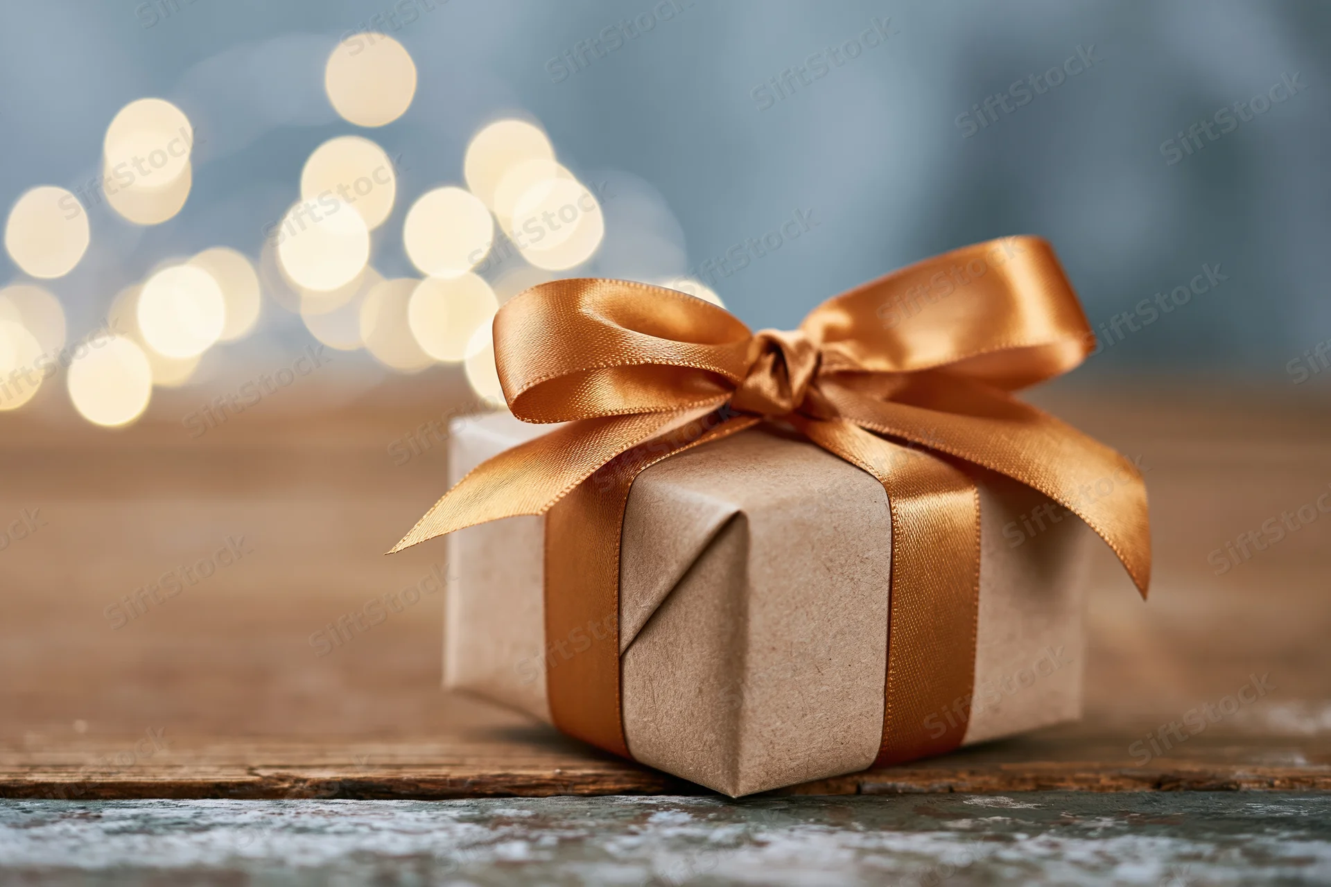 Small gift box wrapped in brown paper with gold ribbon on wooden surface, blurred lights in background