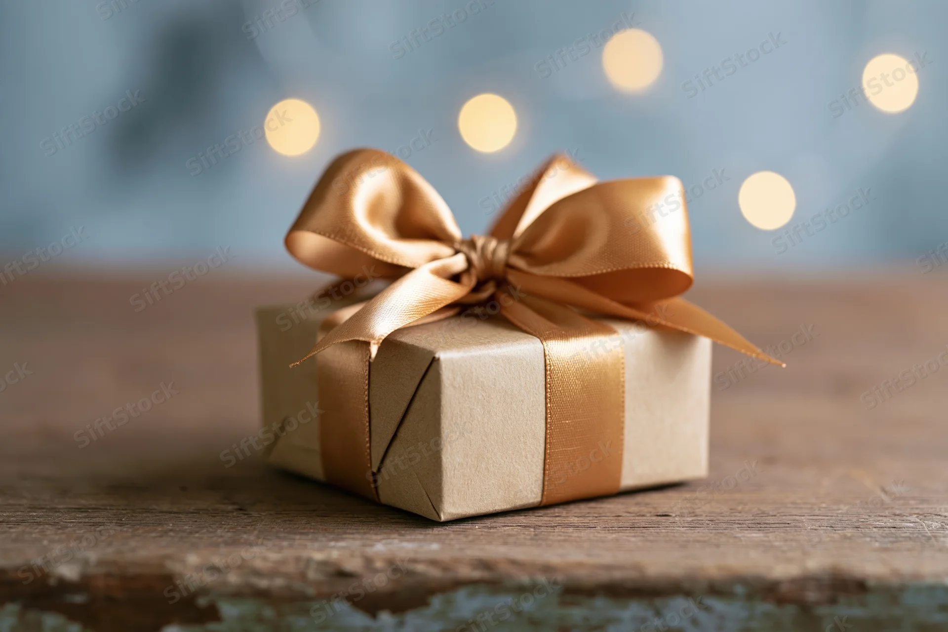Small gift box wrapped in kraft paper with gold ribbon bow on wooden table with blurred lights in background