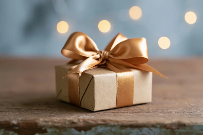 Small gift box wrapped in kraft paper with gold ribbon bow on wooden table with blurred lights in background
