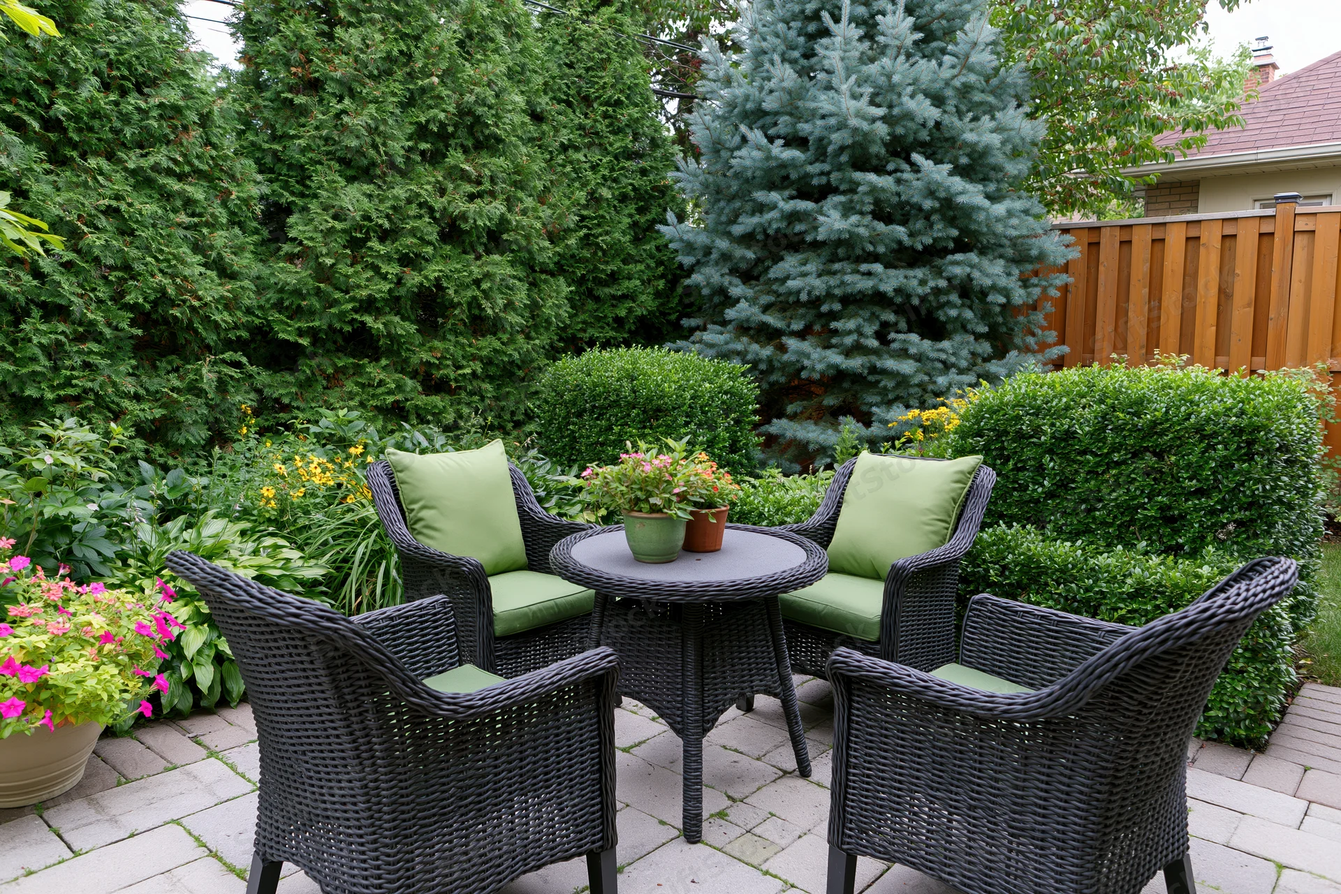 Dark wicker chairs and table arranged on a brick patio surrounded by green shrubs and flowering plants in a suburban backyard