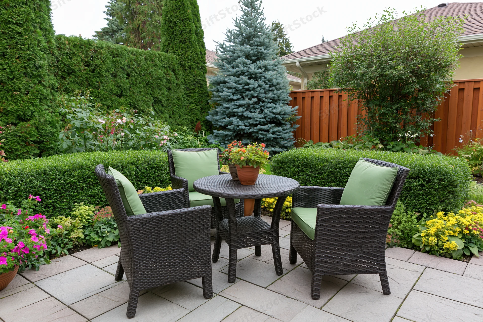Dark wicker chairs and table with green cushions arranged on a stone patio surrounded by shrubs and flowering plants in a suburban backyard