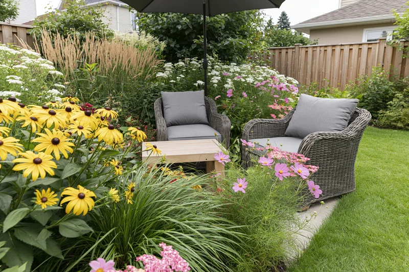 Two grey wicker armchairs with cushions under a black umbrella on a patio surrounded by blooming flowers and greenery in a suburban backyard