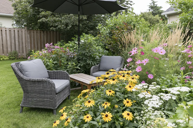 Two grey wicker armchairs with cushions under a black umbrella on a grassy backyard patio surrounded by blooming flowers and greenery