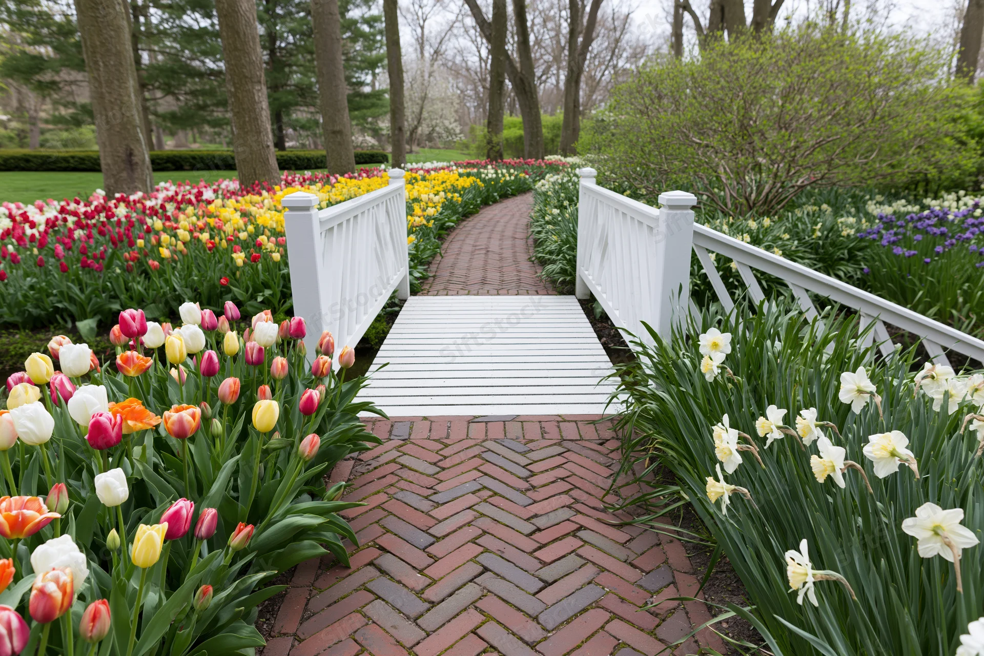 White wooden footbridge over a brick pathway surrounded by blooming tulips and daffodils in a spring garden
