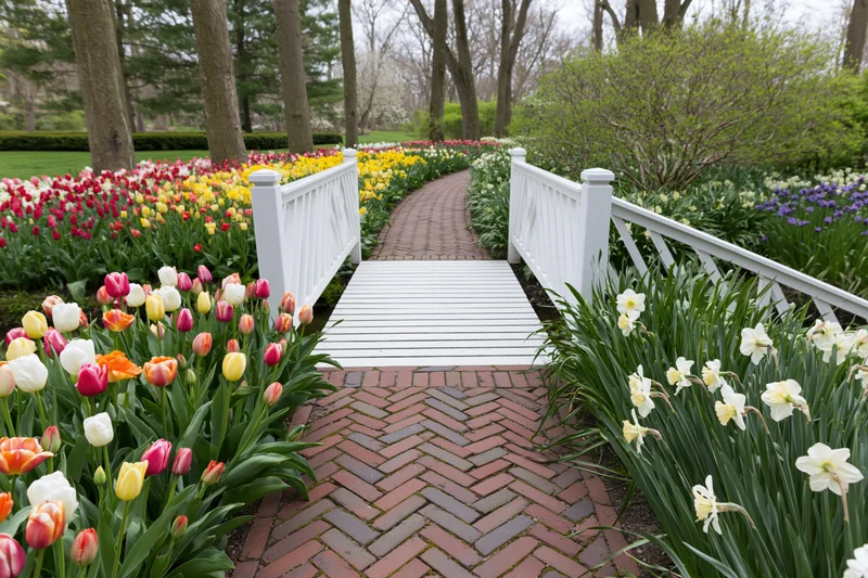 White wooden footbridge over a brick pathway surrounded by blooming tulips and daffodils in a spring garden