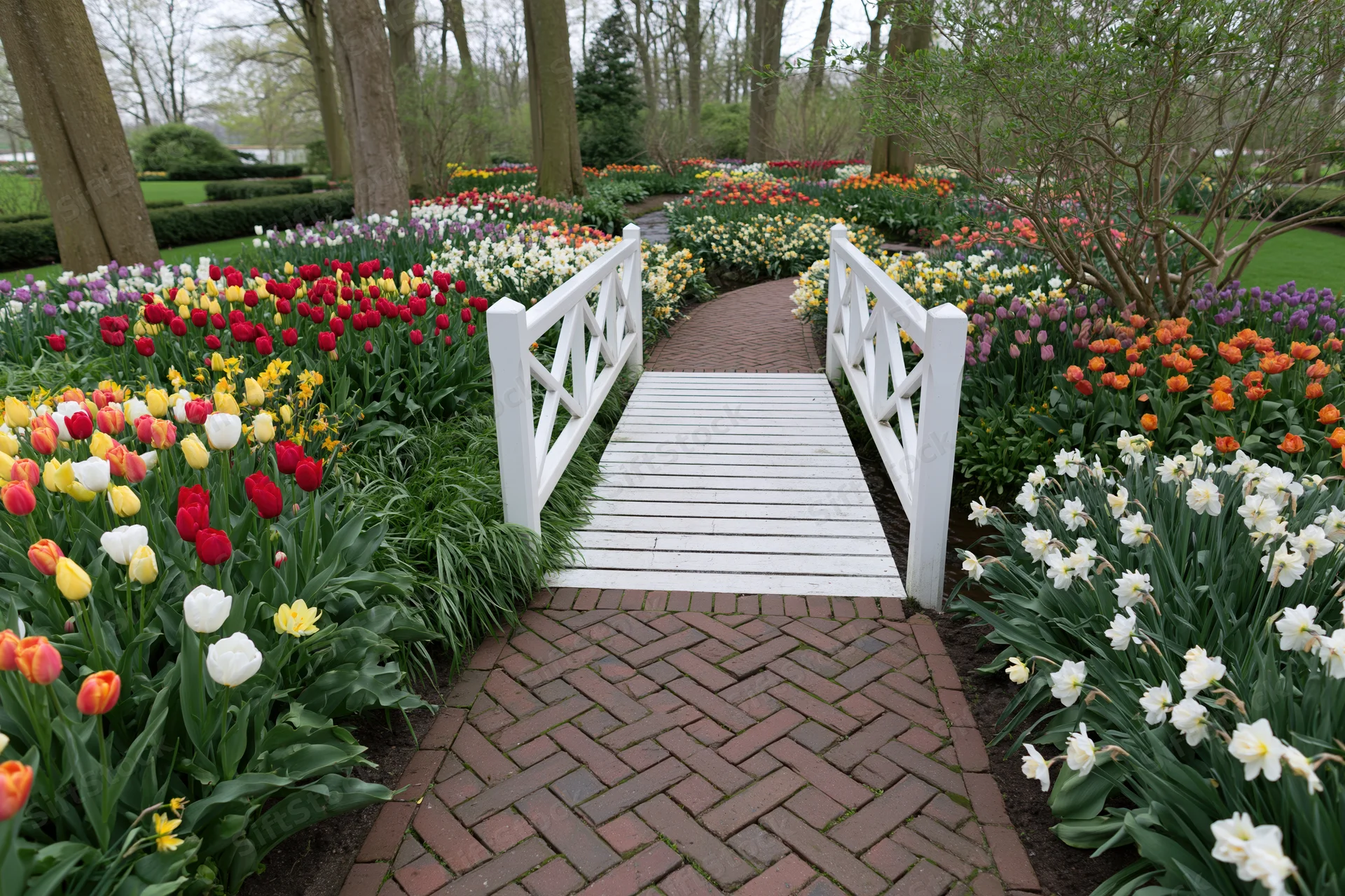 White wooden footbridge over a brick pathway surrounded by blooming tulips and daffodils in a garden