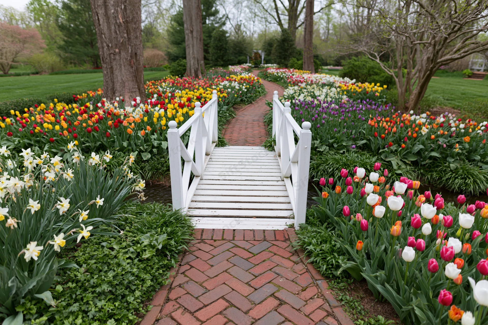 White wooden footbridge over a stream in a spring garden with colorful tulips and daffodils along a brick pathway