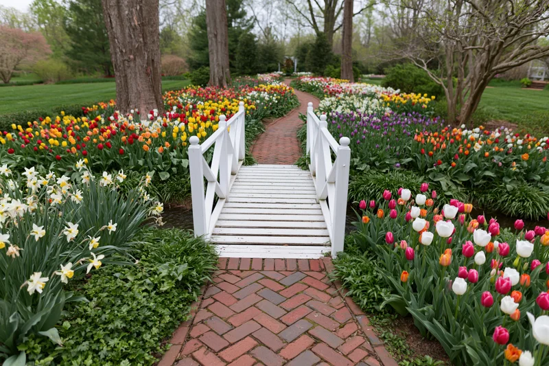 White wooden footbridge over a stream in a spring garden with colorful tulips and daffodils along a brick pathway