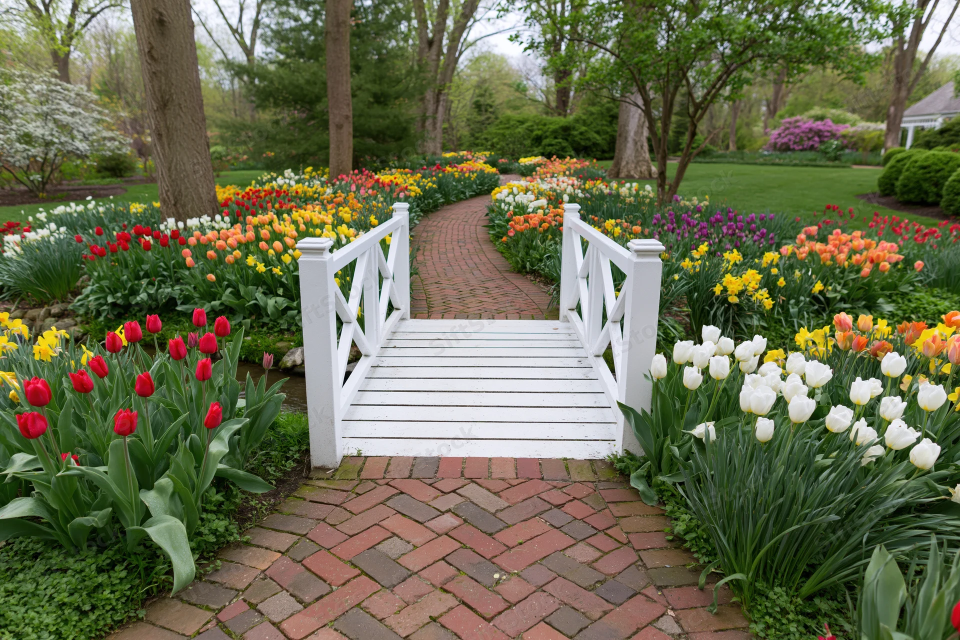 White wooden footbridge over a stream in a spring garden with colorful tulips along a brick pathway