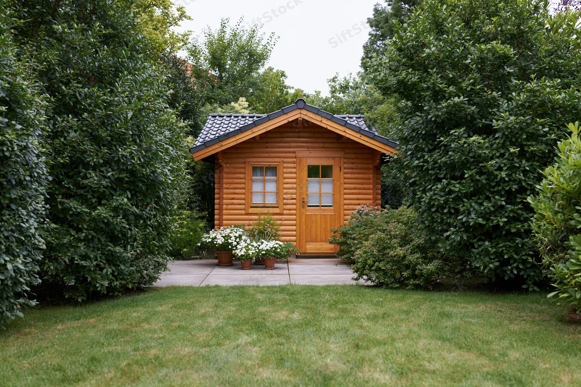 Small wooden cabin with tiled roof surrounded by greenery and potted flowers in a garden setting