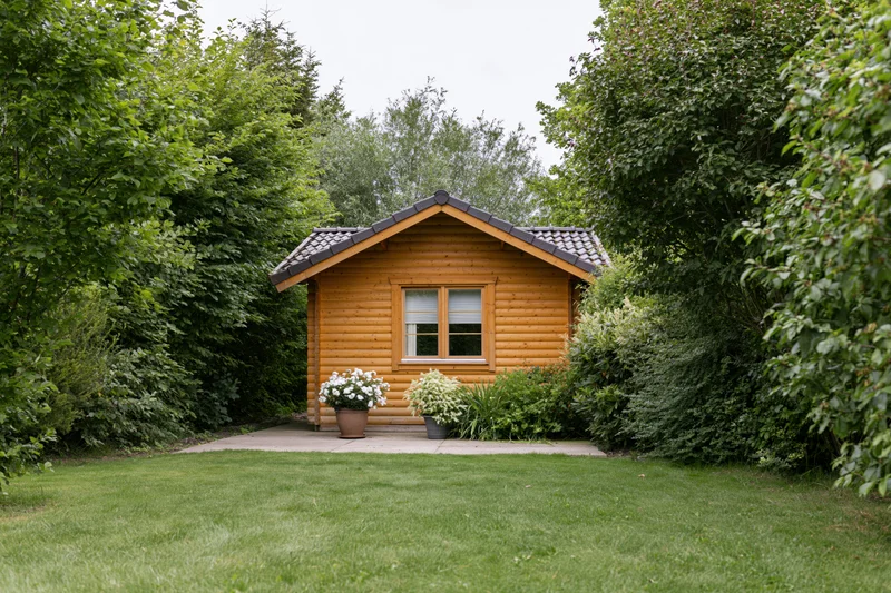 Small wooden cabin with tiled roof surrounded by greenery in a garden setting