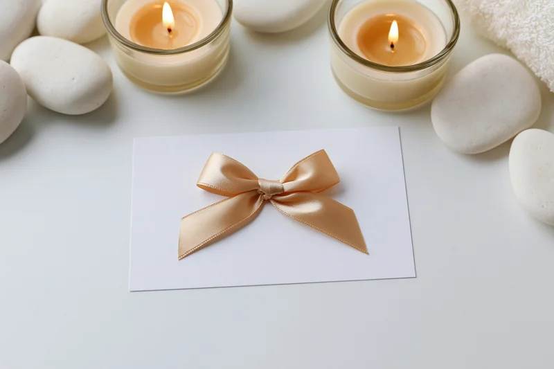 Spa gift card with champagne satin bow on white surface surrounded by candles and stones