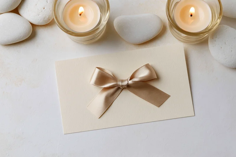 Spa gift card with champagne satin bow on white surface surrounded by candles and stones