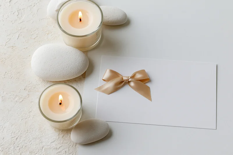 Spa gift card with champagne satin bow and candles on textured surface