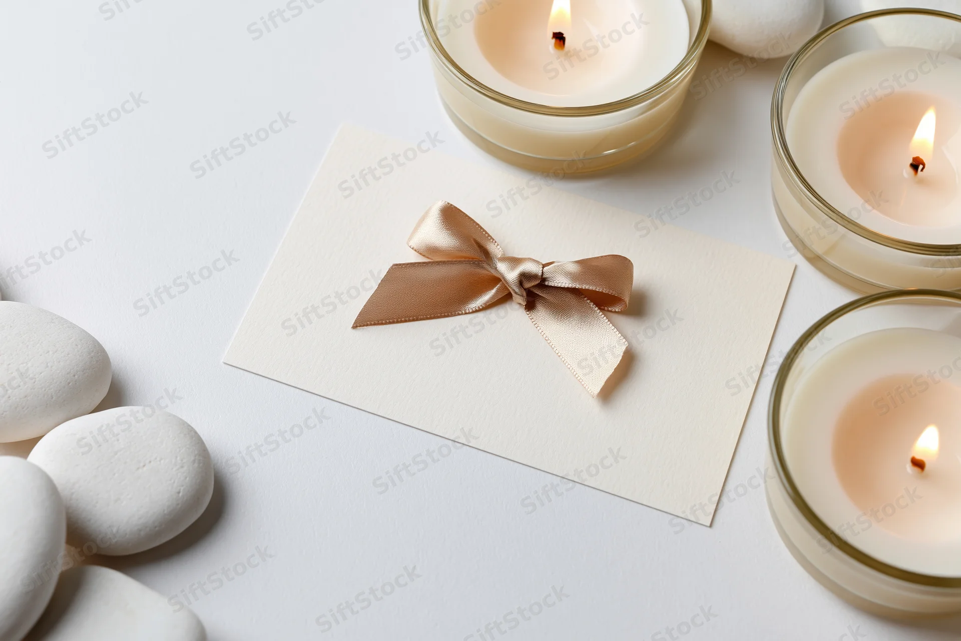 Spa gift card with champagne satin bow surrounded by lit candles and smooth white stones on white surface