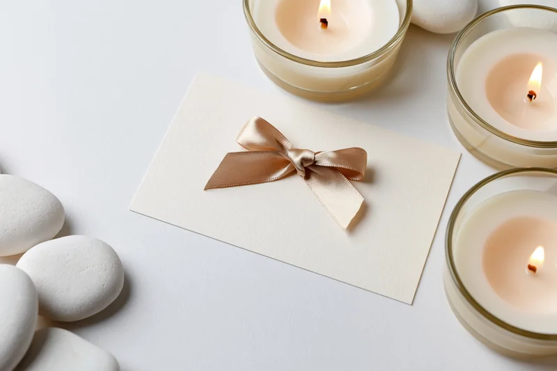 Spa gift card with champagne satin bow surrounded by lit candles and smooth white stones on white surface