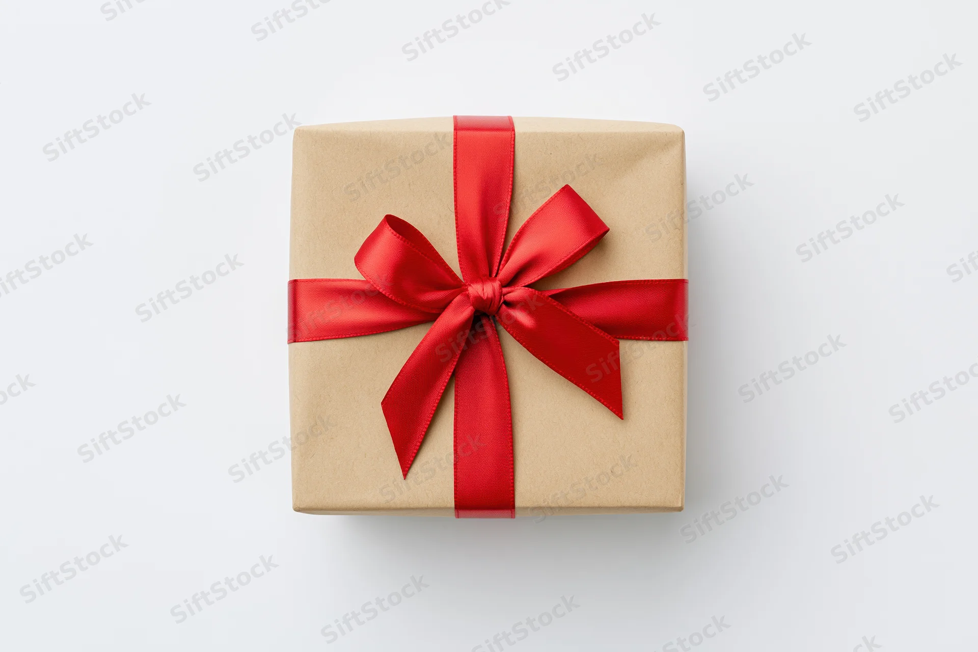 Square gift box wrapped in kraft paper with red ribbon bow on white background