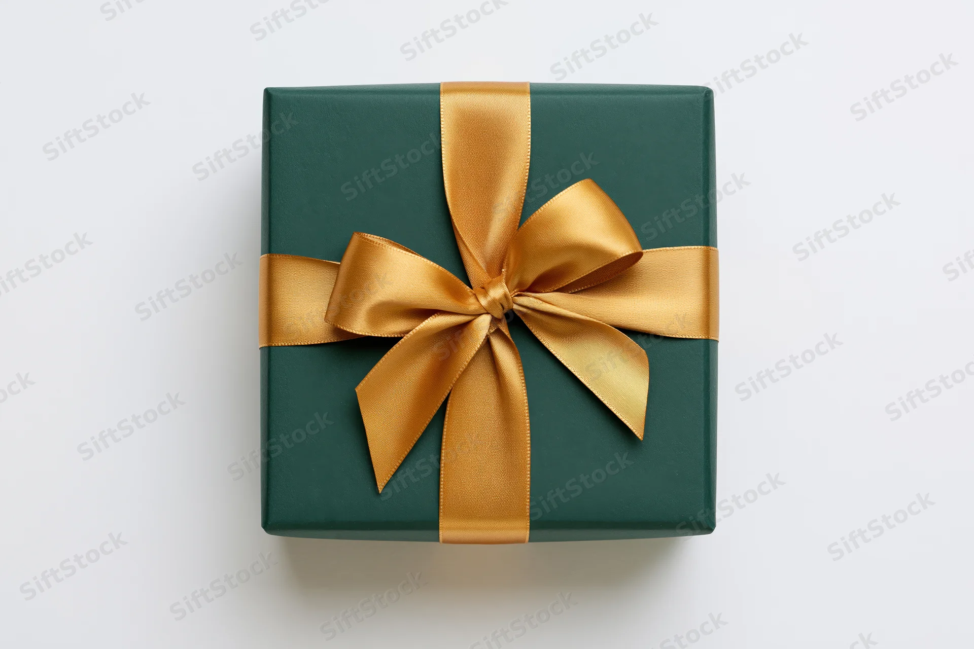 Square gift box wrapped in matte dark green paper with gold ribbon bow on white background