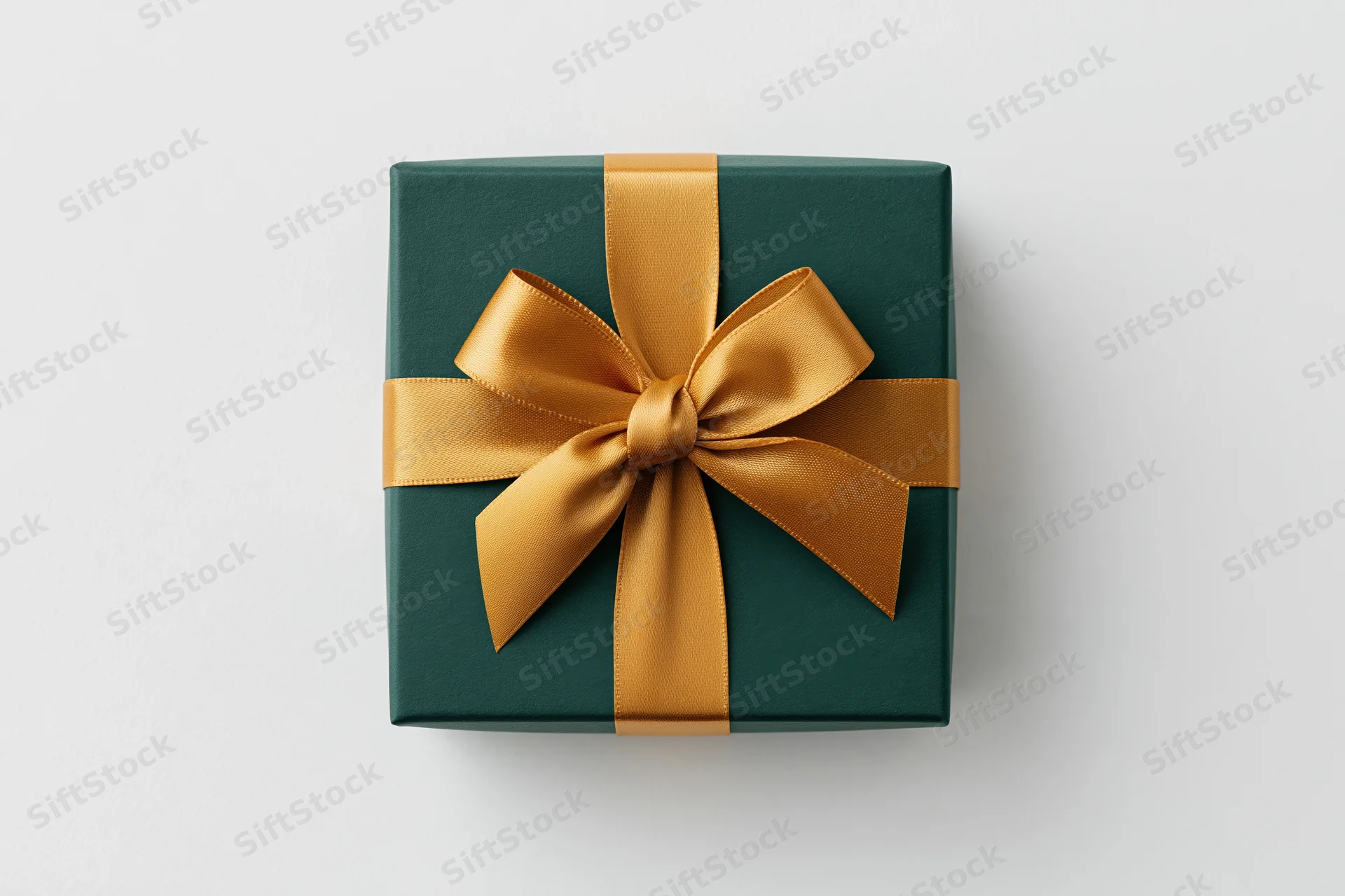 Square gift box wrapped in matte dark green paper with gold satin ribbon bow on white background
