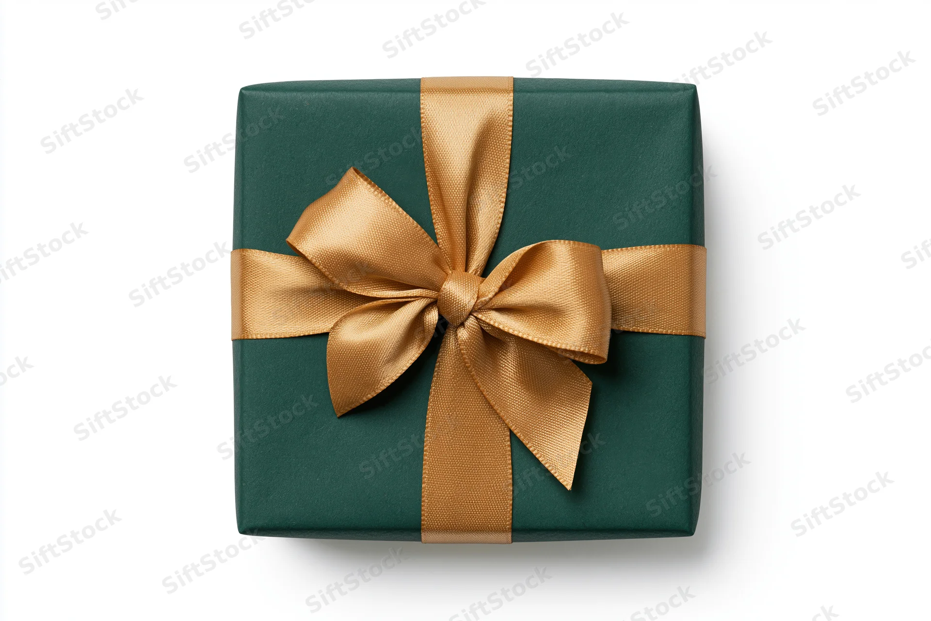 Square gift box wrapped in matte dark green paper with gold ribbon bow on white background