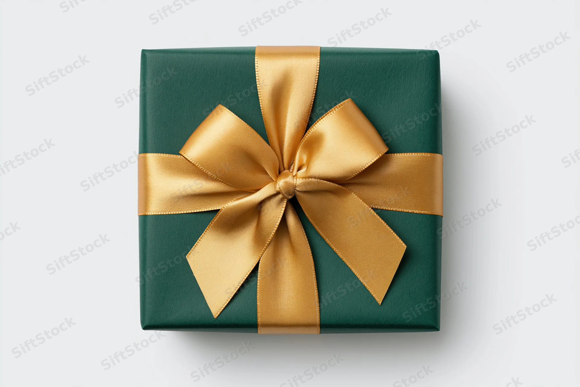Square gift box wrapped in dark green paper with gold satin ribbon bow on white background