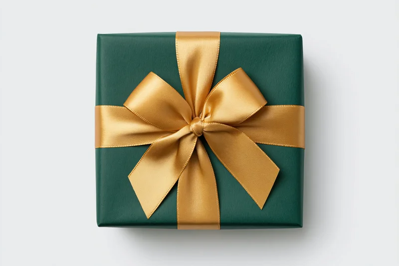 Square gift box wrapped in dark green paper with gold satin ribbon bow on white background