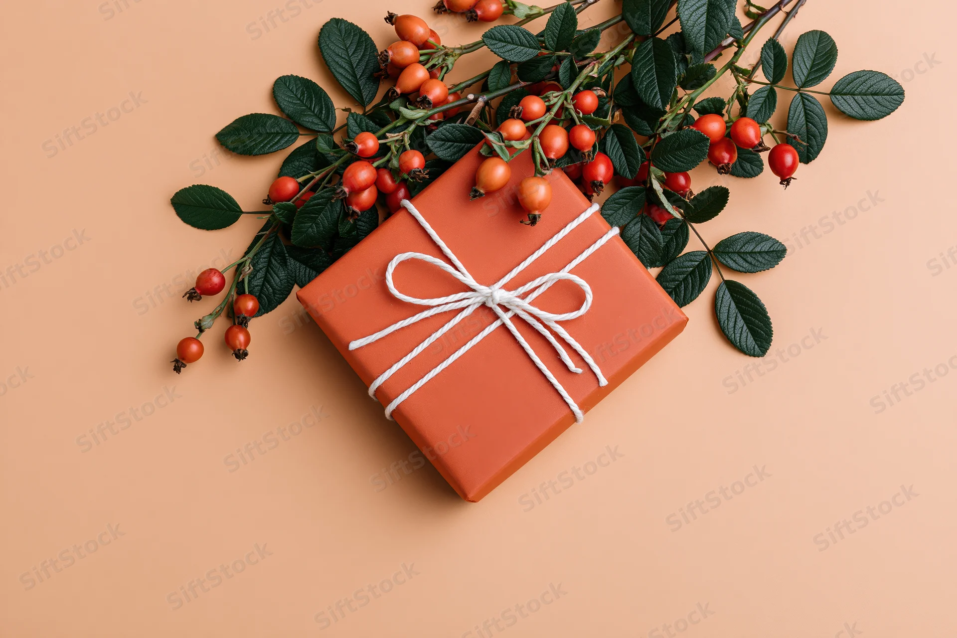 Orange gift box wrapped in matte kraft paper with white string bow and rosehip branches on peach background