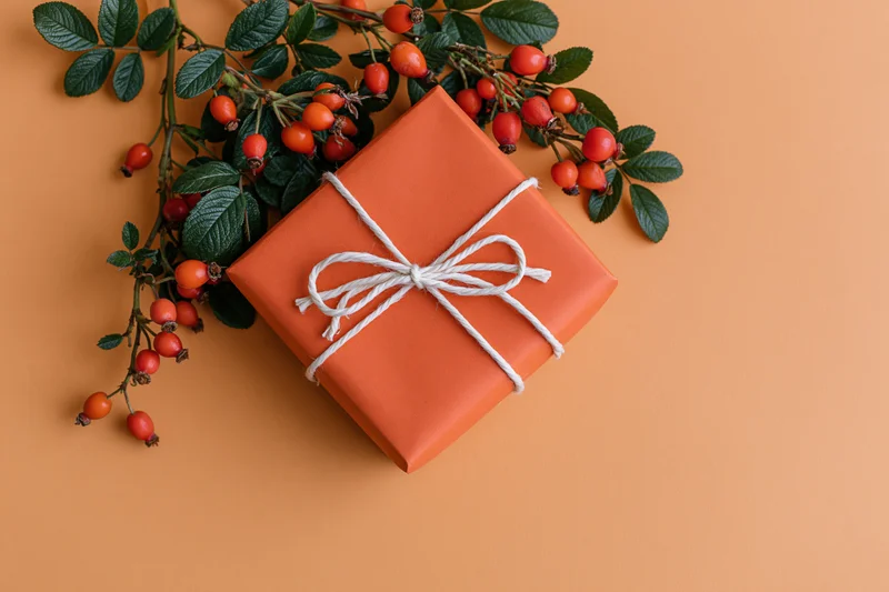 Orange gift box wrapped in matte kraft paper with white twine bow and rosehip branch on solid background