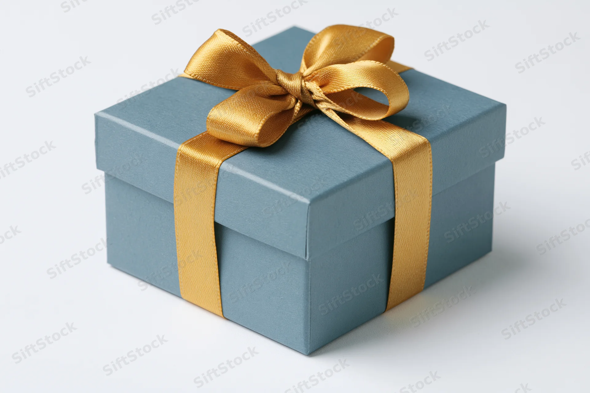 Blue gift box wrapped with gold ribbon and bow on white background