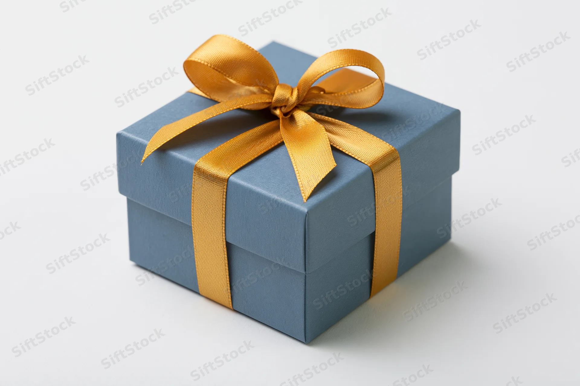 Blue gift box wrapped with gold ribbon on white background