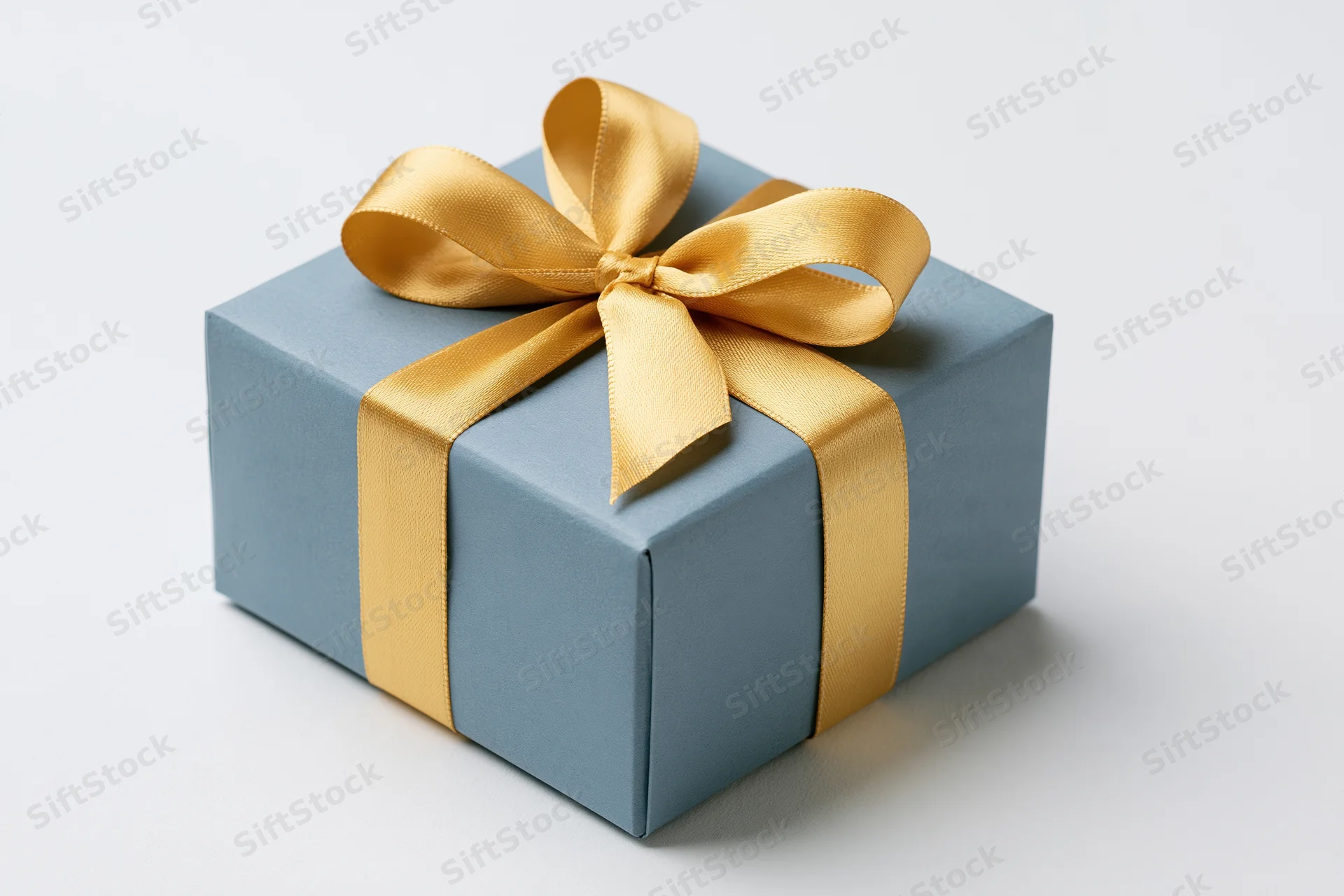 Square gift box wrapped in blue paper with gold ribbon bow on white background