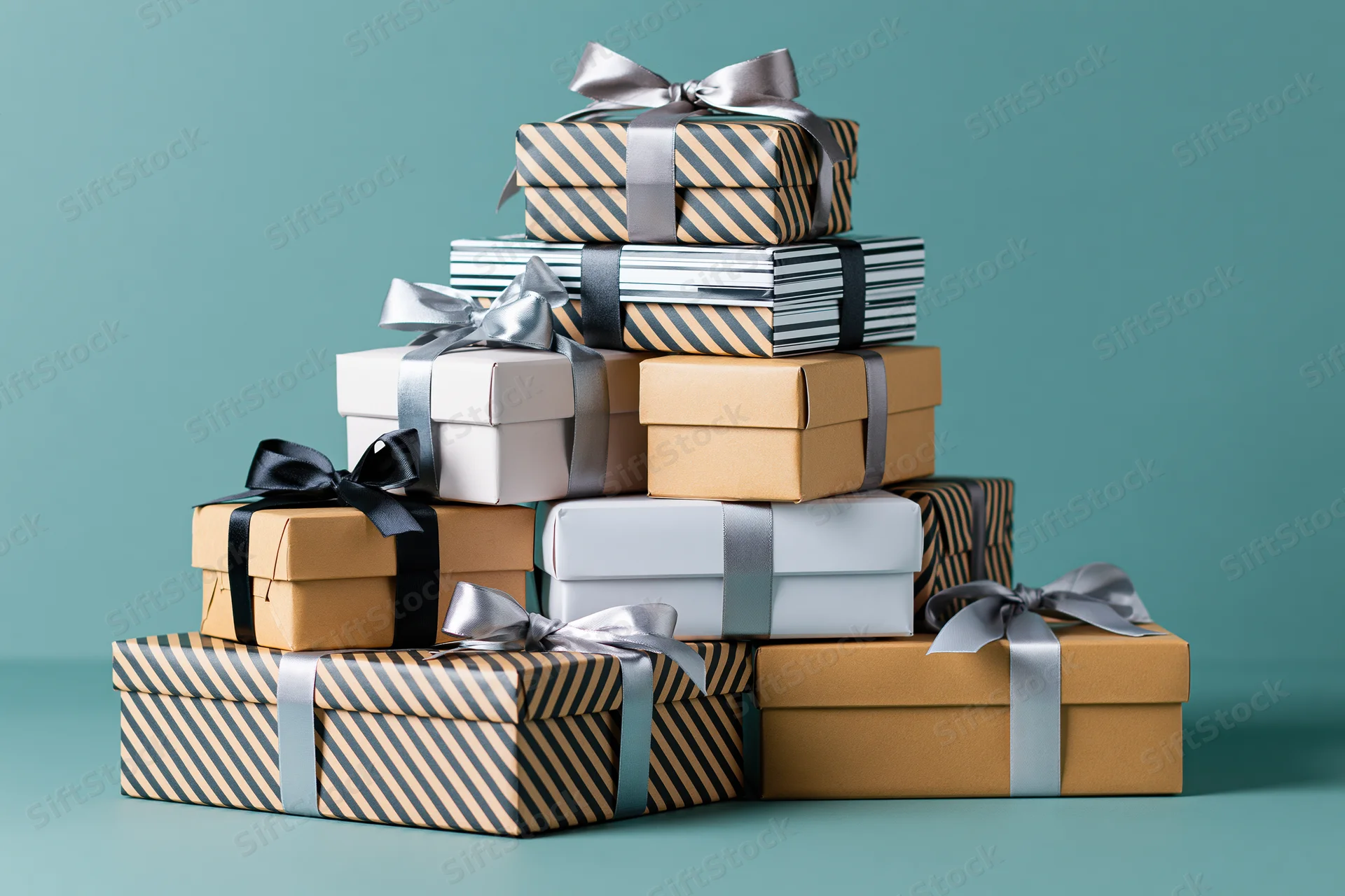 Stack of wrapped gift boxes arranged in a loose pile on a teal surface