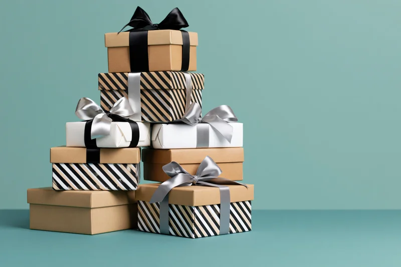 Stack of seven wrapped gift boxes arranged in a loose pile on a teal surface
