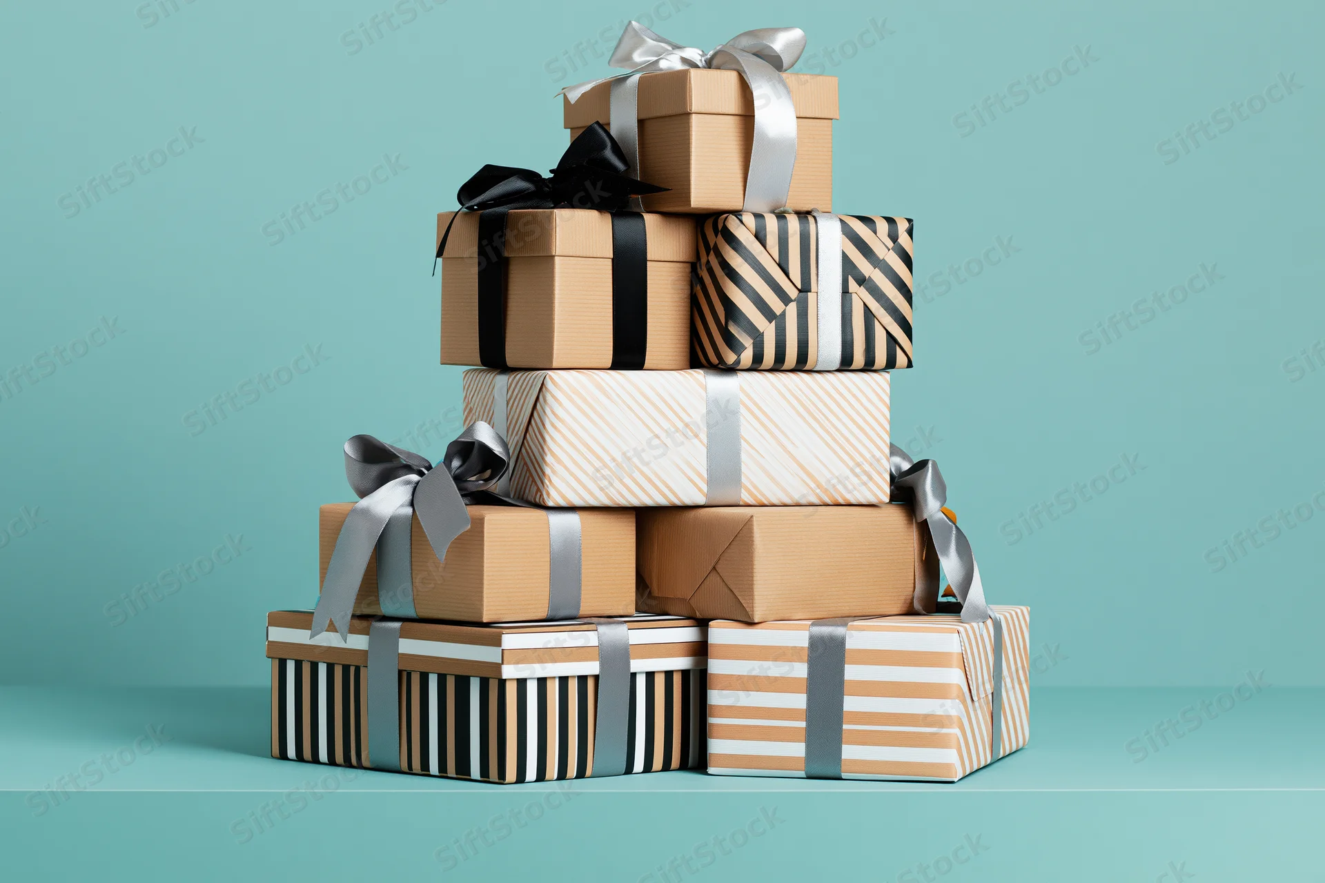 Stack of seven wrapped gift boxes arranged in a loose pile on a teal surface