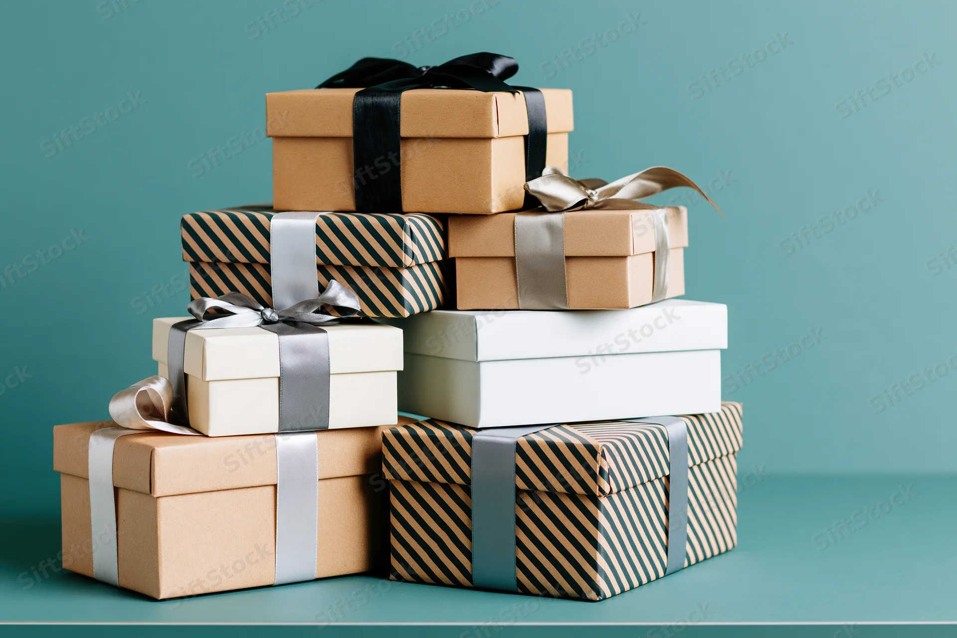Stack of seven wrapped gift boxes arranged in a loose pile on a teal surface