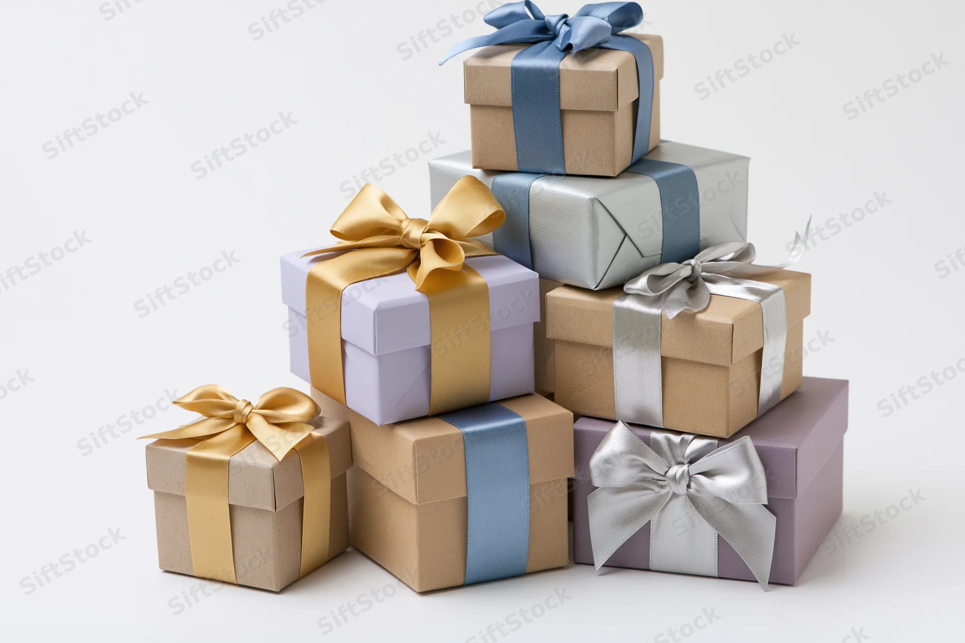 Stack of seven wrapped gift boxes arranged in a loose pyramid on white background