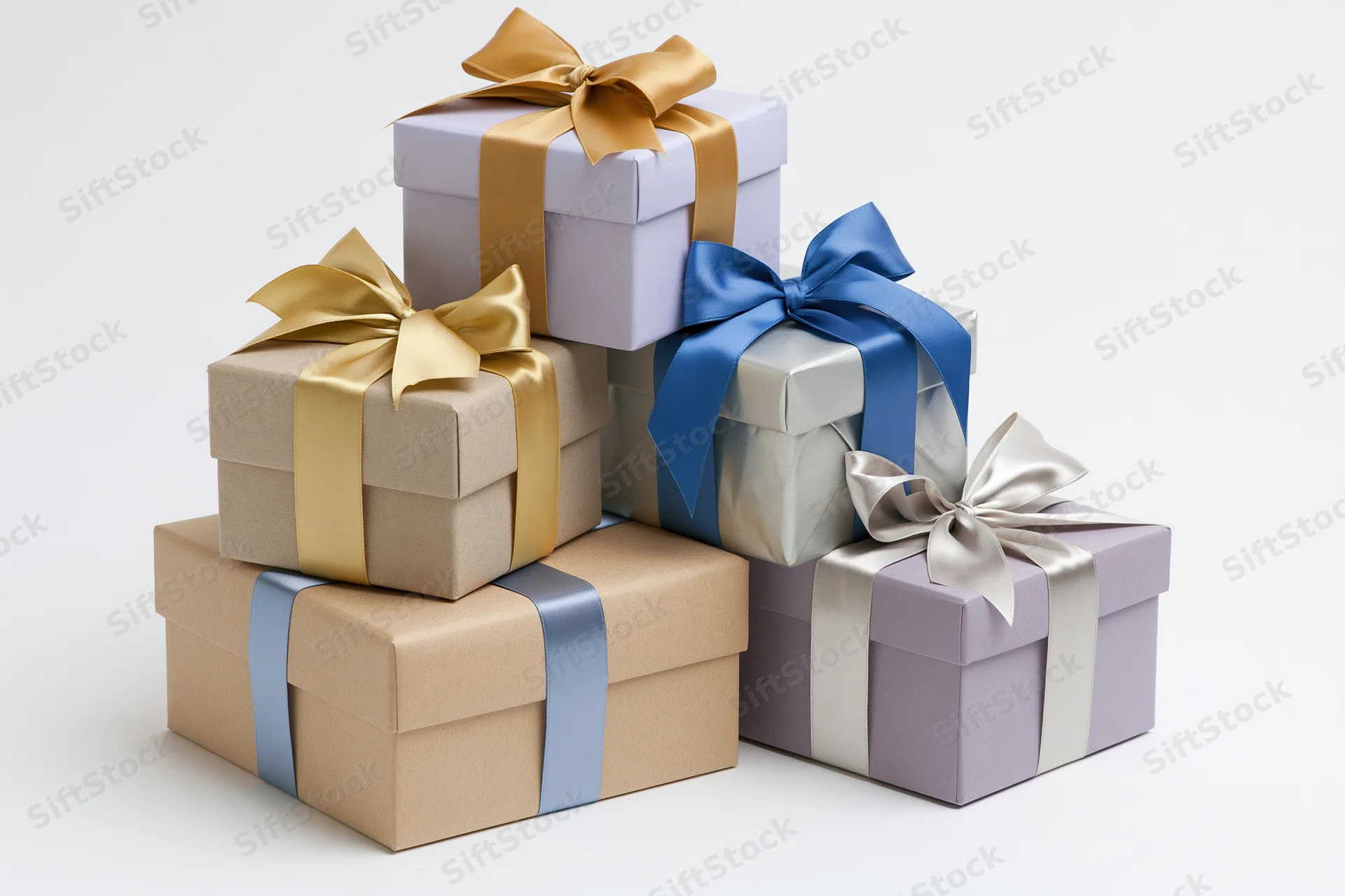 Stack of wrapped gift boxes with ribbons and bows arranged in a loose pyramid on white background
