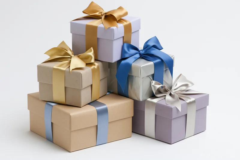 Stack of wrapped gift boxes with ribbons and bows arranged in a loose pyramid on white background