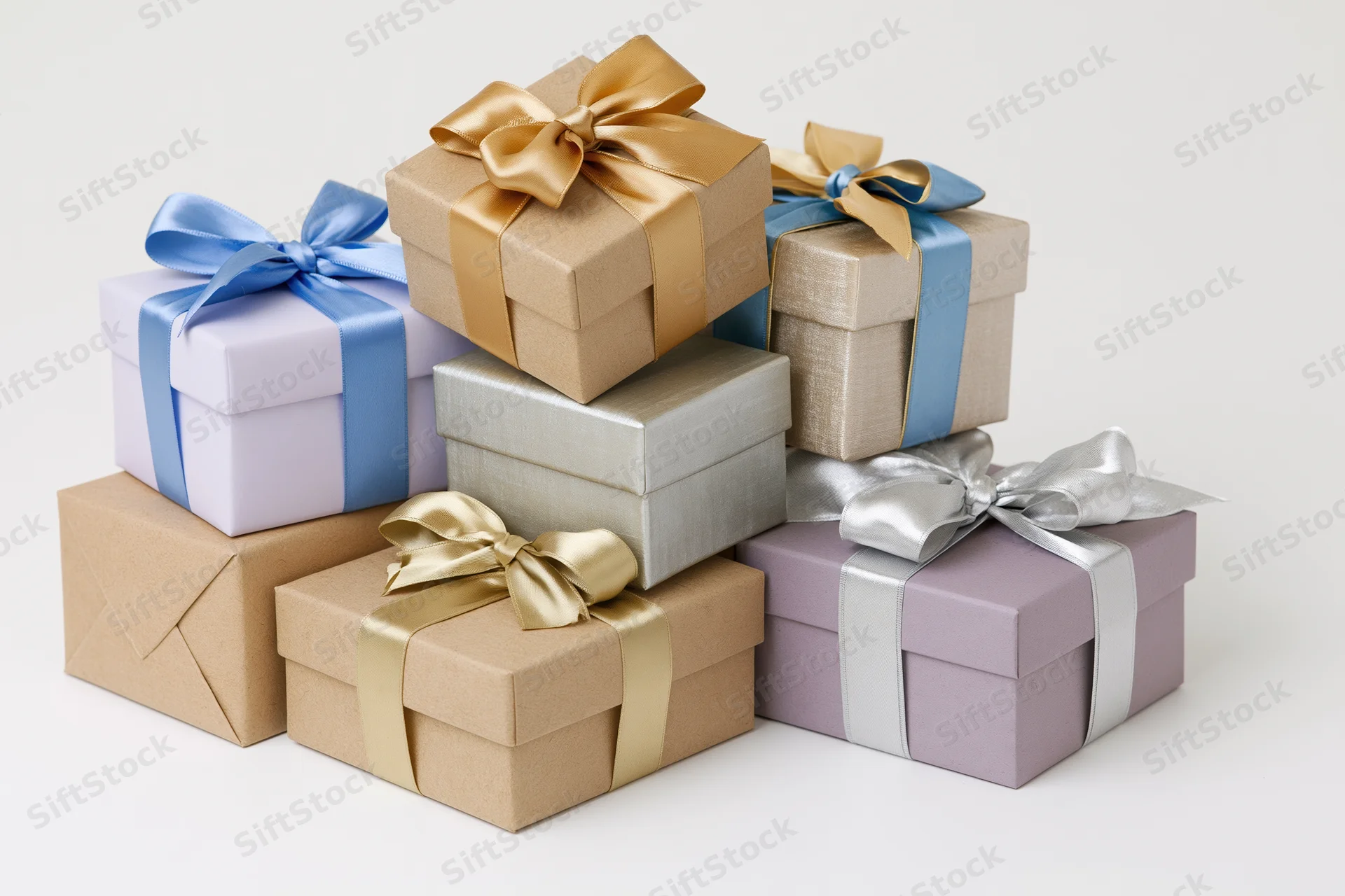 Stack of seven wrapped gift boxes arranged in a loose pyramid on white background