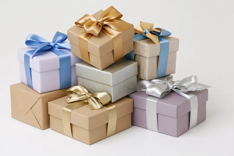 Stack of seven wrapped gift boxes arranged in a loose pyramid on white background
