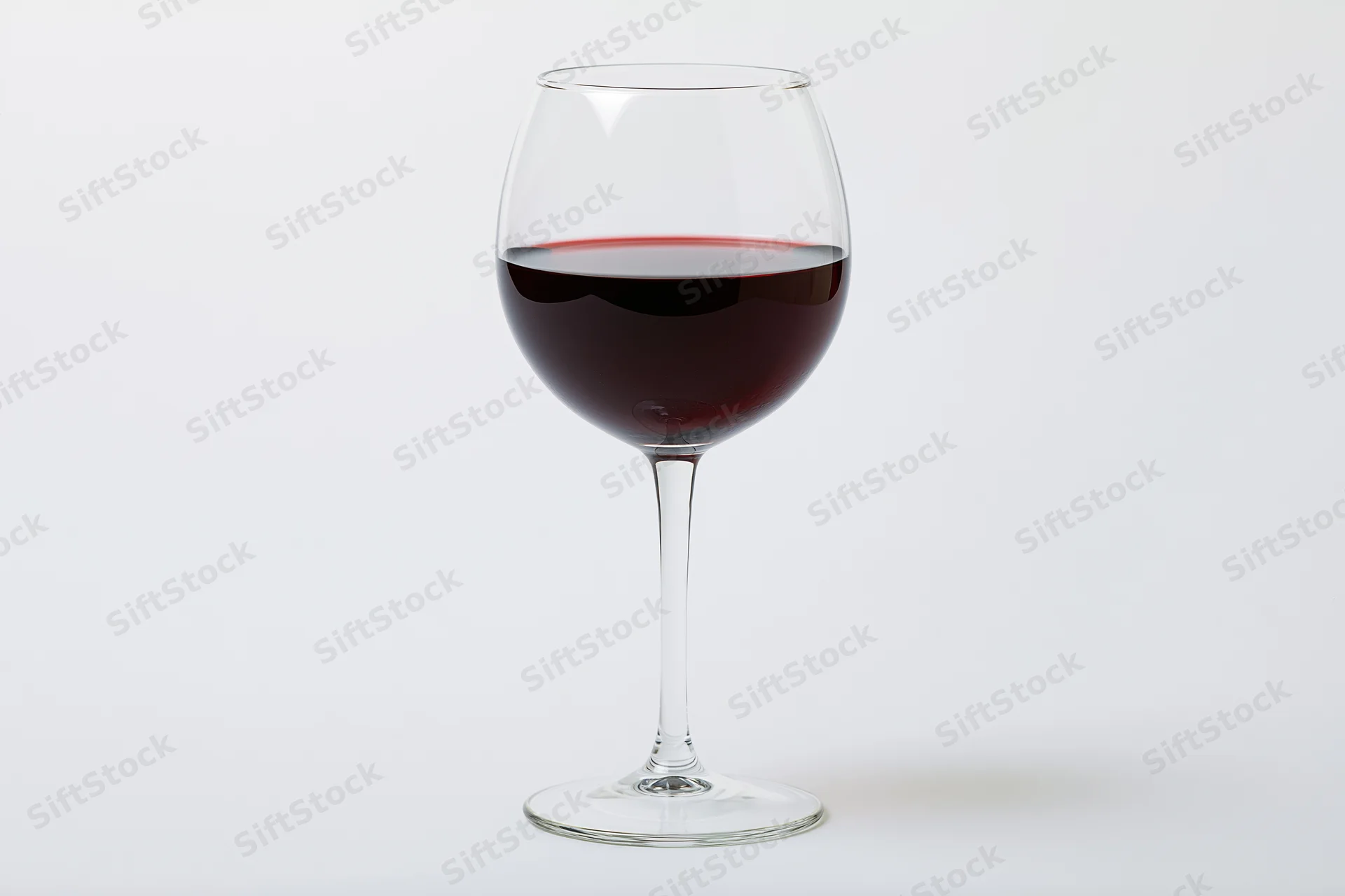 A stemmed wine glass half-filled with deep red wine centered on a white background