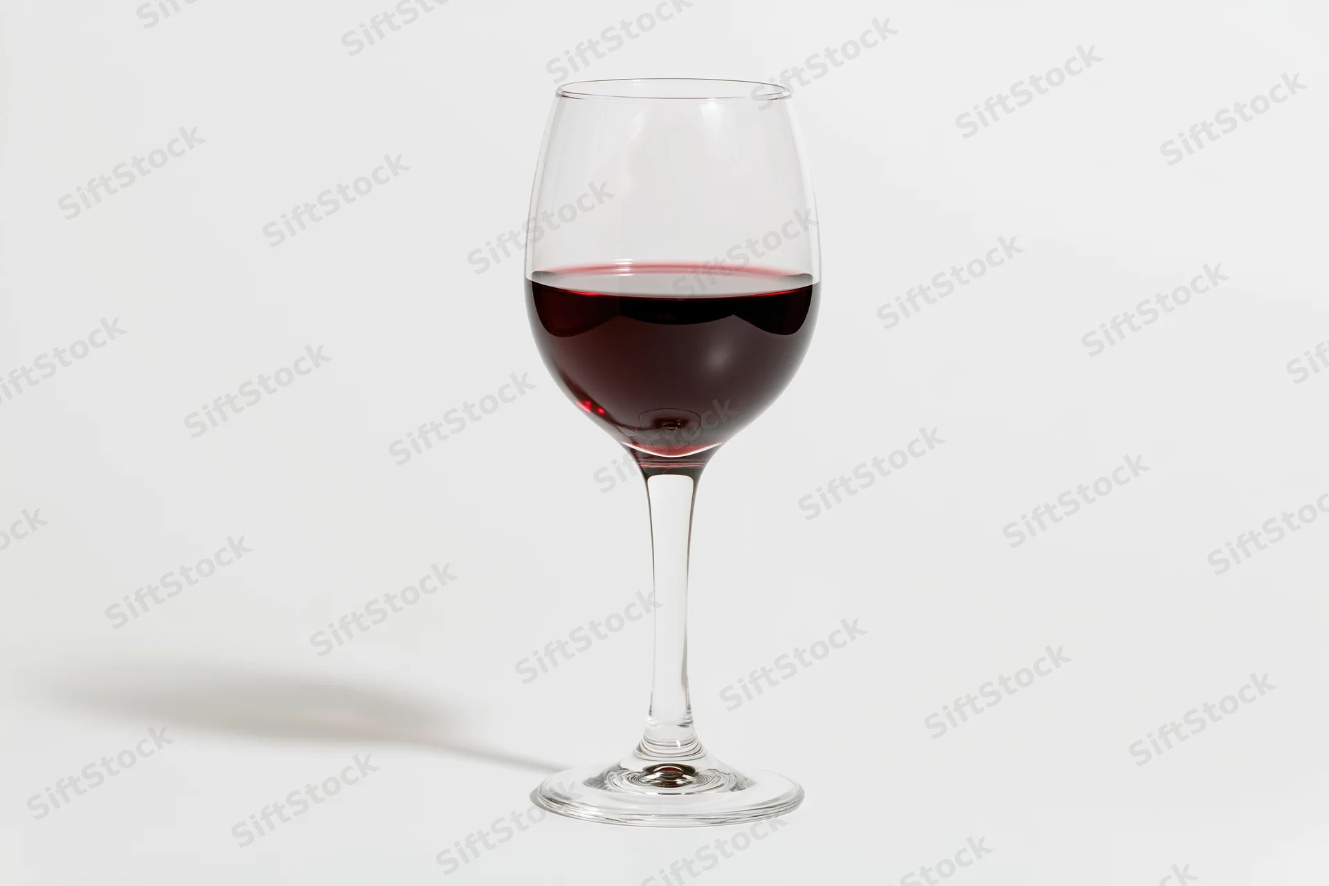 A stemmed wine glass half-filled with deep red wine centered on a white surface