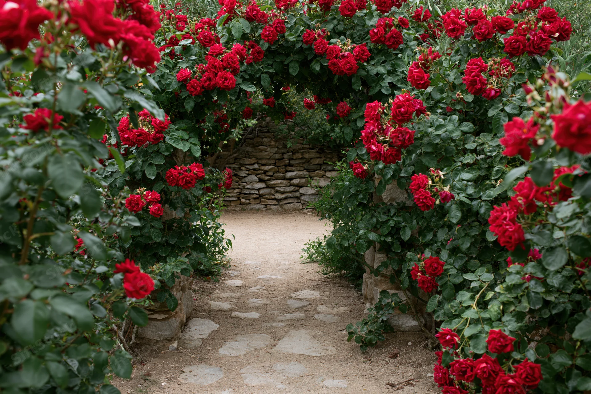 Stone garden path leading through a natural archway of climbing red roses