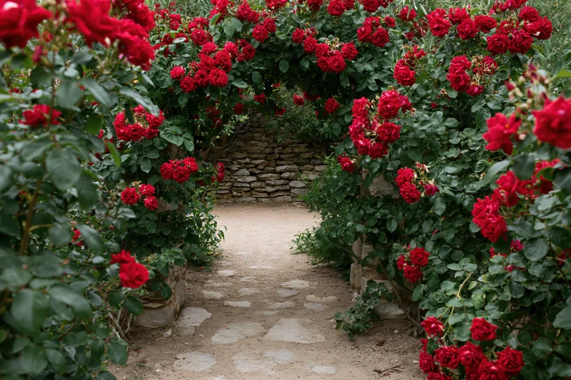 Stone garden path leading through a natural archway of climbing red roses