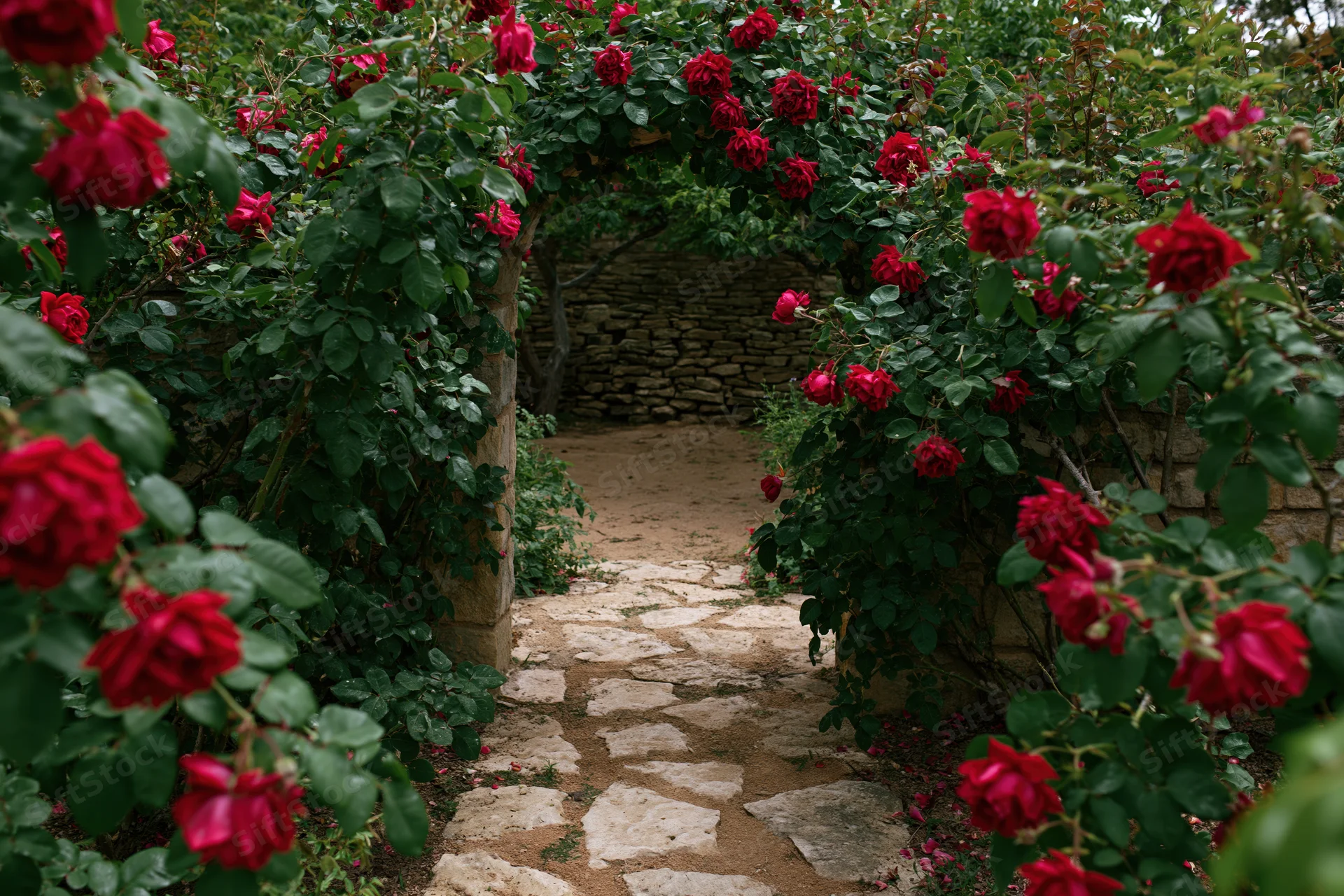 Stone garden path leading through a natural archway of climbing red roses