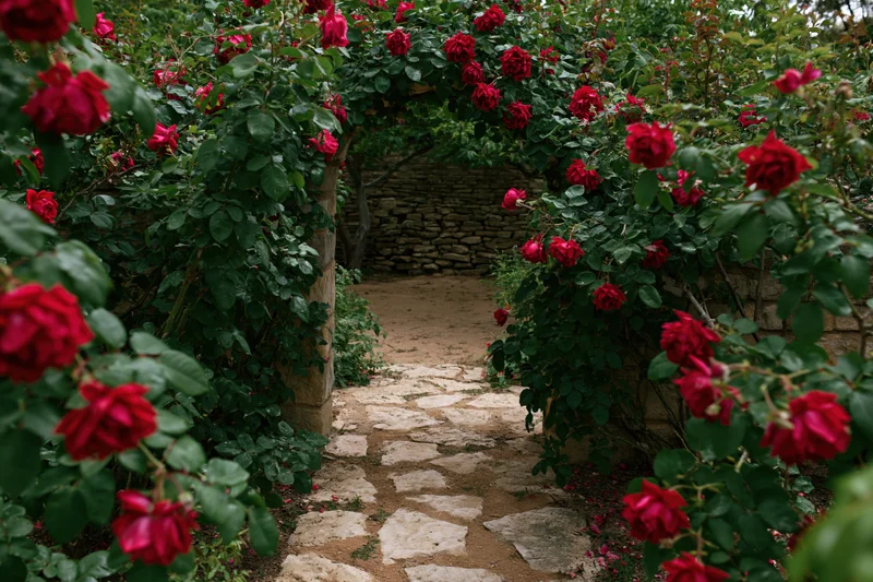 Stone garden path leading through a natural archway of climbing red roses