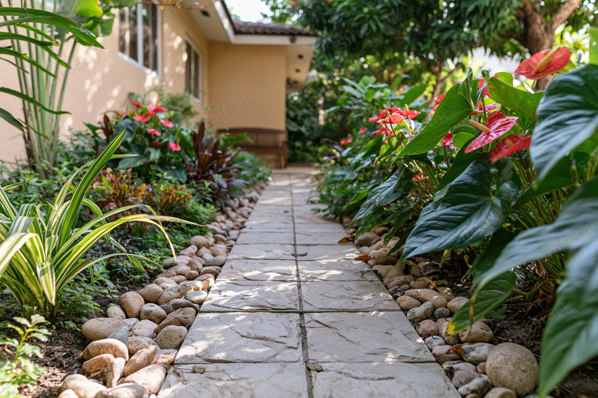 Stone tile garden path lined with river rocks and tropical plants leading to a beige house