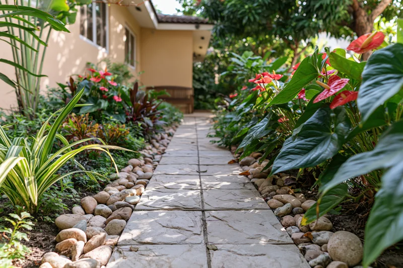 Stone tile garden path lined with river rocks and tropical plants leading to a beige house