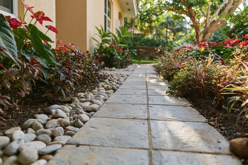 Stone tile garden path lined with river rocks and flowering plants leading to a house
