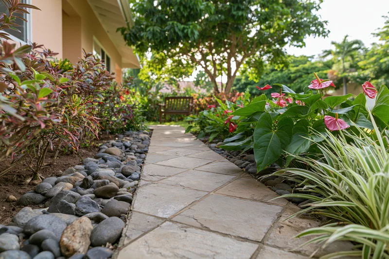 Stone tile garden path lined with river rocks and flowering plants leading to a wooden bench near a house